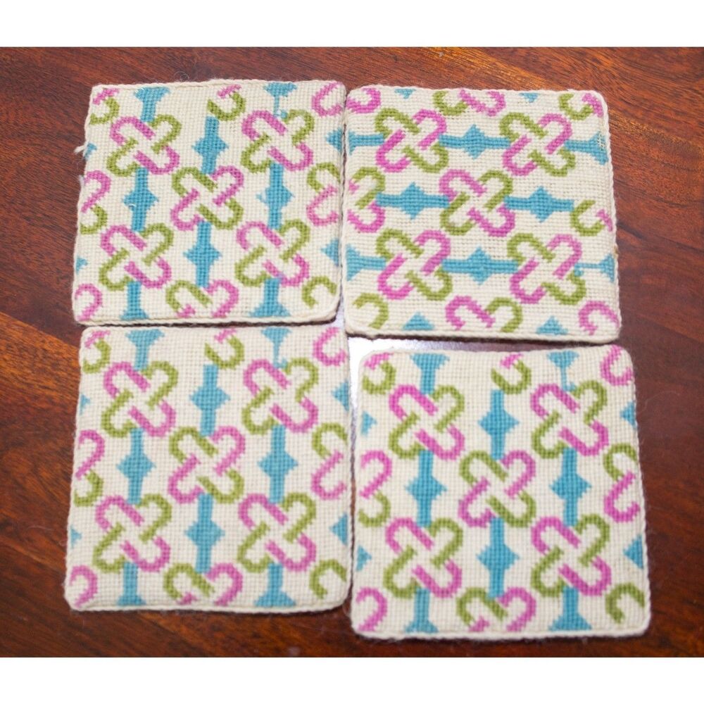 Set of 4 Handmade Needlepoint Pink and Breen Geometric Drink Coasters